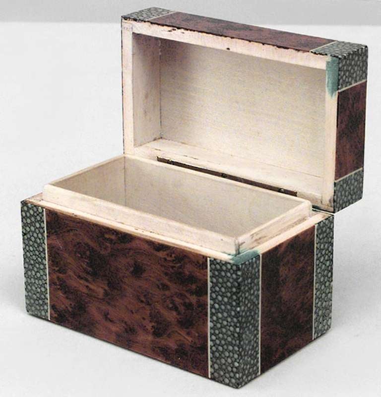 English Art Deco rectangular green shagreen and burl wood box with bone trim
