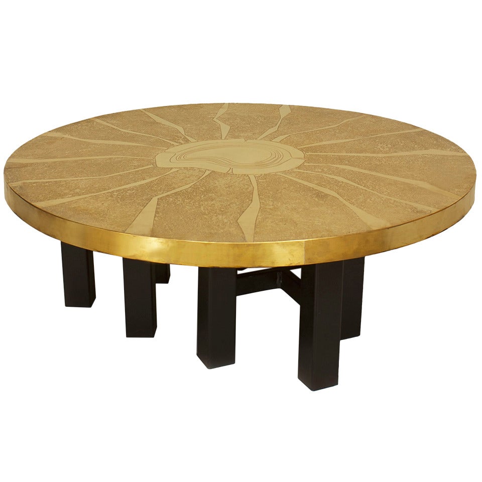 1970s Belgian Etched Brass Coffee Table by Lova Creation