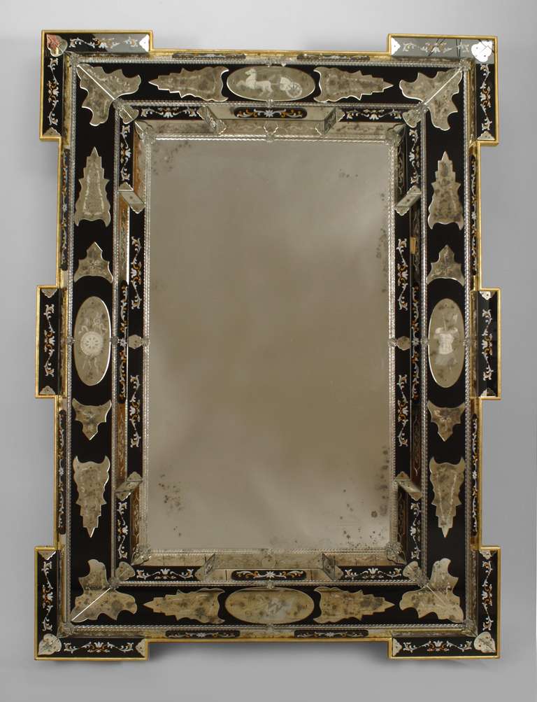 Two rectangular mirrors composed of tiers of dark blue glass decorated with applied mirrored panels, including four ovals etched with Neoclassical designs, and further accented with painted scroll trim and giltwood trimmed edges.

PRICED
