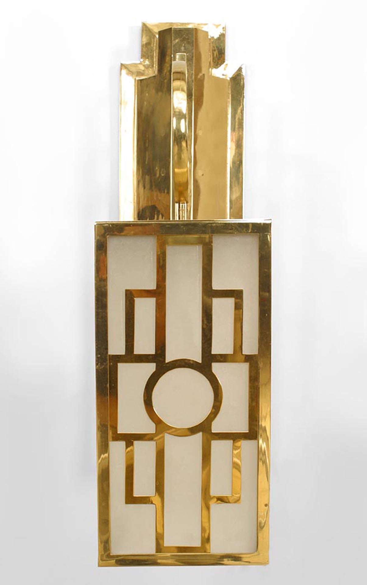 Art Deco Pair of French Mid-Century Brass Chinese Lattice Lantern Sconces For Sale