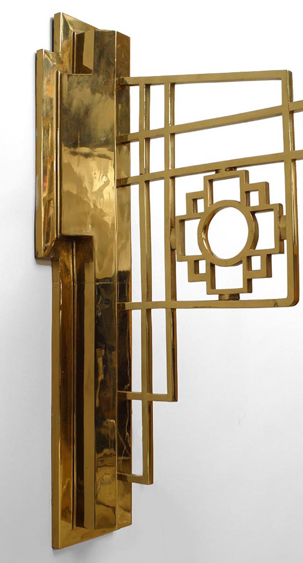 Frosted Pair of French Mid-Century Brass Chinese Lattice Lantern Sconces For Sale