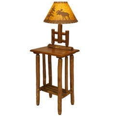 Small 20th c. American Rustic End Table with Mounted Lamp