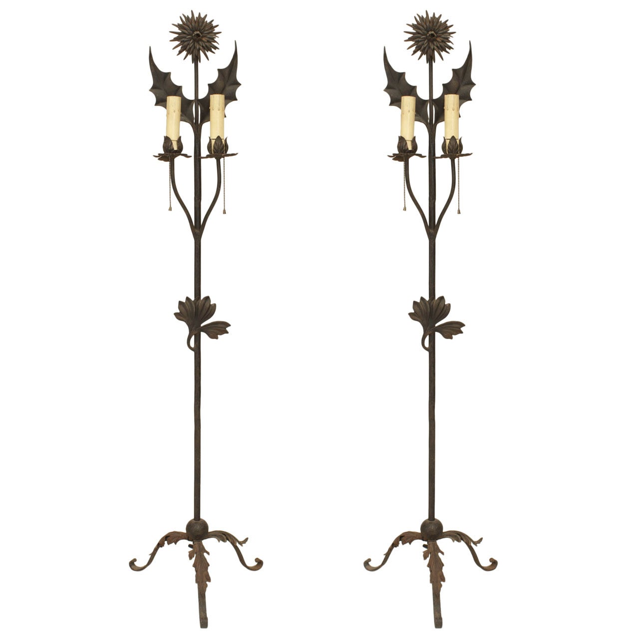 Paire de lampadaires anglais esthétiques en fer forgé à motifs floraux