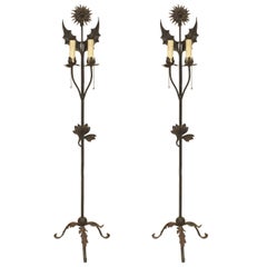 Pair of English Aesthetic Wrought Iron Floral Floor Lamps