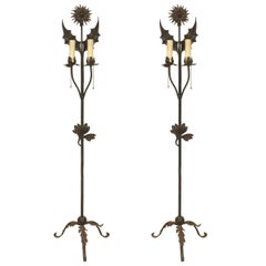 Antique Pair of English Aesthetic Wrought Iron Floral Floor Lamps