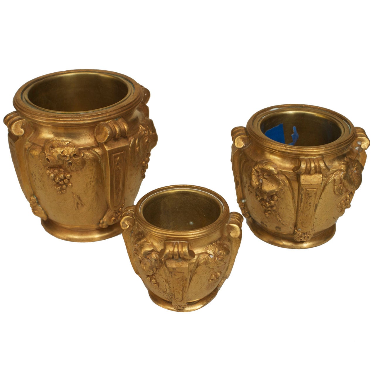 Set of 3 Small French Art Nouveau Gilt Bronze Vases by Marionnet