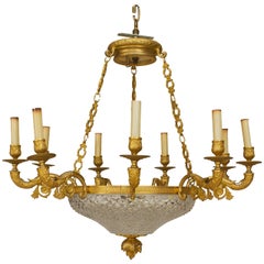 French Empire Bronze and Crystal Bowl Chandelier