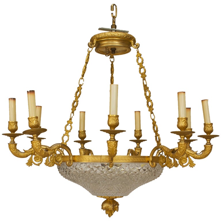 French Empire Bronze and Crystal Bowl Chandelier For Sale at 1stDibs
