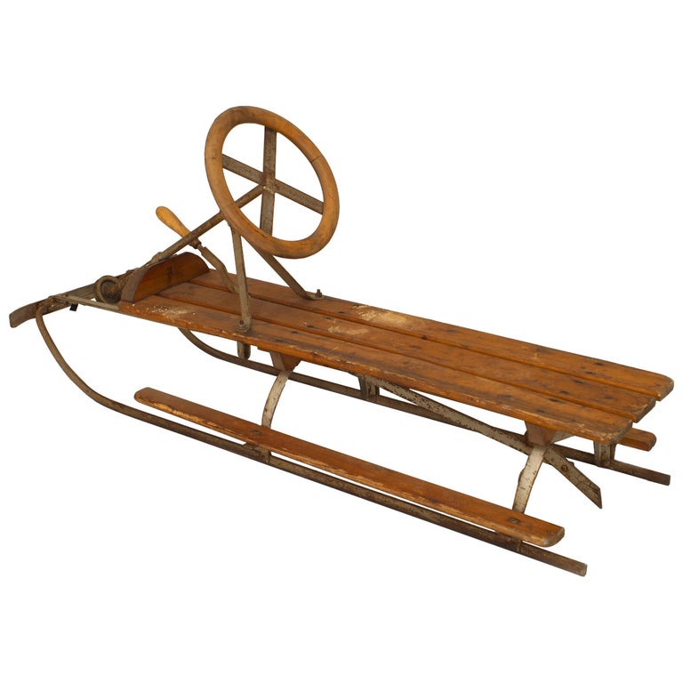 American Mid-Century Metal Toboggan Sled For Sale at 1stDibs | vintage sled  with steering wheel, antique sled with steering wheel, wooden toboggan