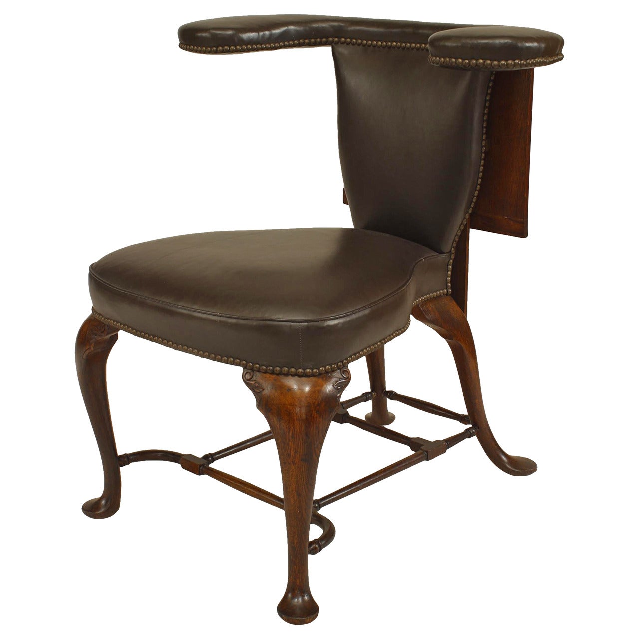 English Queen Anne Oak and Leather Reading Armchair