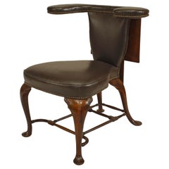 Antique English Queen Anne Oak and Leather Reading Armchair