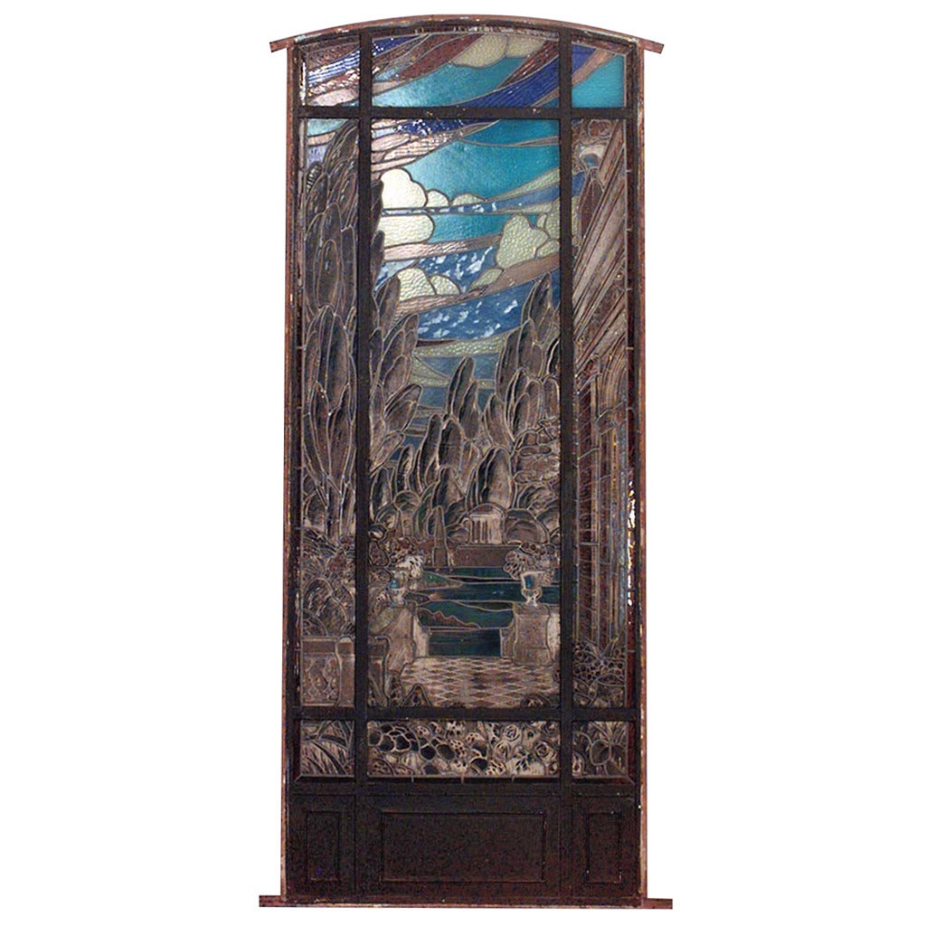 19th Century Stained and Leaded Glass Landscape Window For Sale
