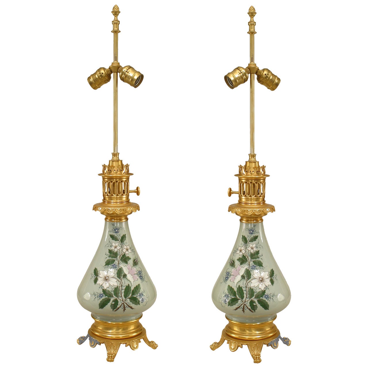 Pair of French Victorian Porcelain Celadon Table Lamps