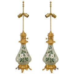 Pair of French Victorian Porcelain Celadon Table Lamps