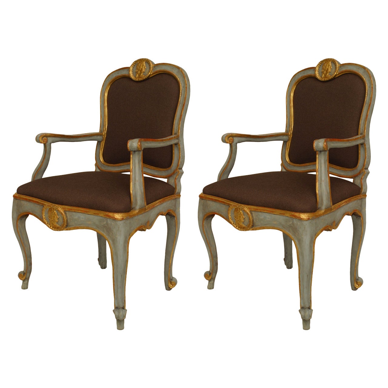 Pair of 18th Century Italian Neoclassical Gilt Carved and Painted Armchairs