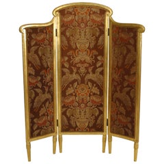 Antique French Art Deco 3-Fold Gilt Screen with Upholstered Panels