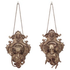 Pair of 19th c. French Shaped Bronze Hunt-Themed Wall Plaques