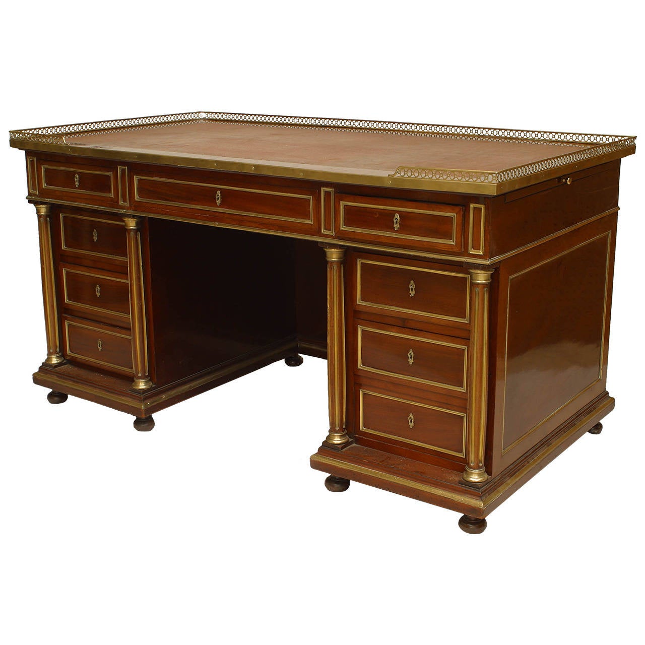 19th c. French Louis XVI Style BronzeTrimmed Mahogany Kneehole Desk