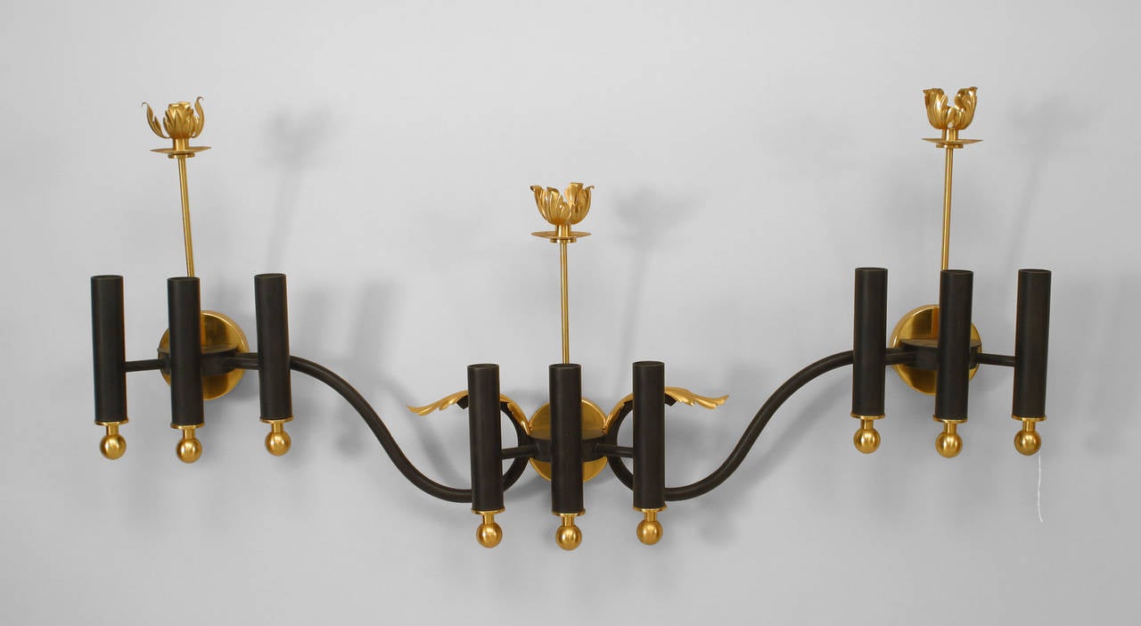 Mid-Century Modern Pair of French Mid-Century Gilt Brass Wall Sconces For Sale