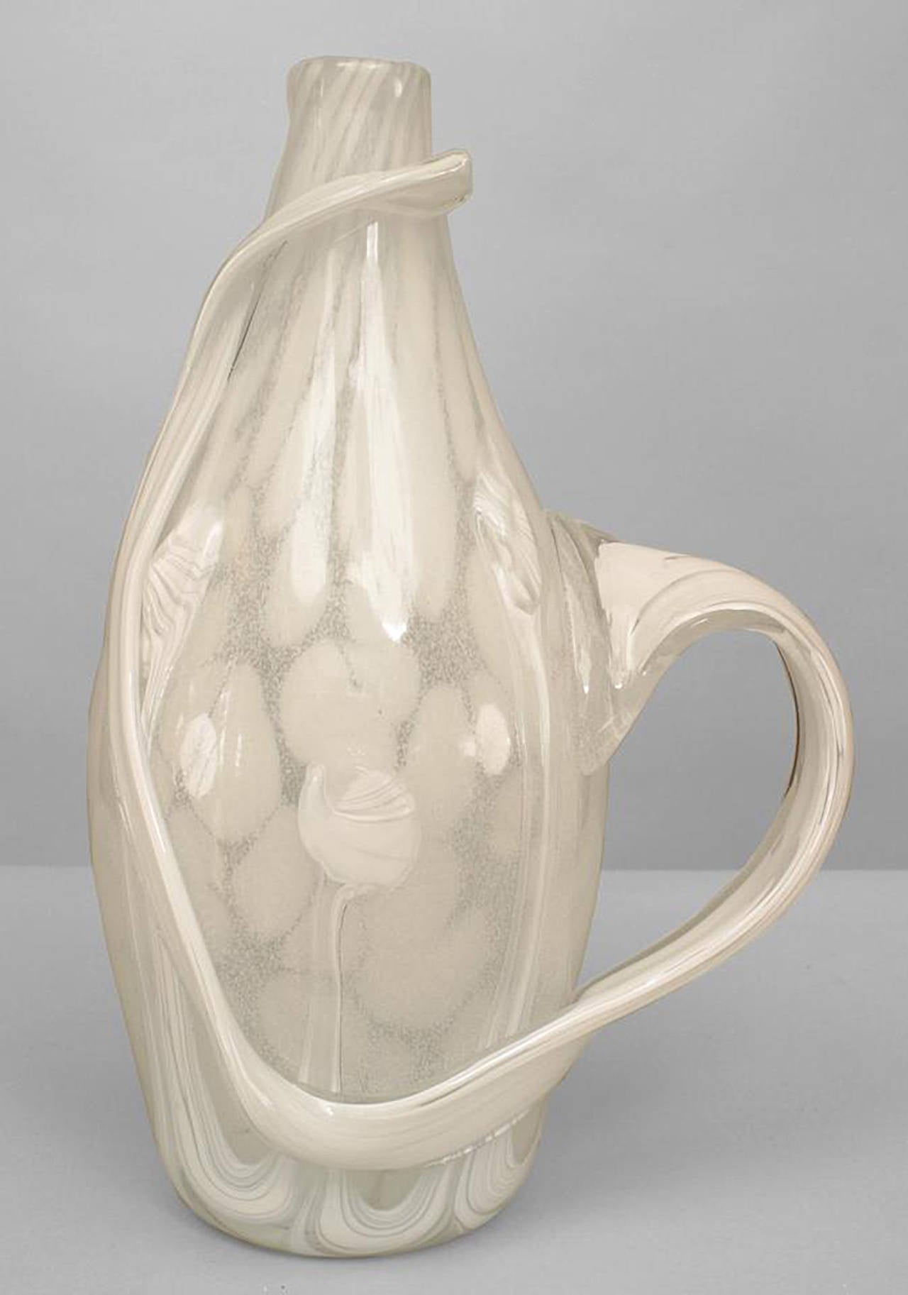 French Post-War Design vetro sommerso white shaded glass vase with free form design handle and applied trim (signed: by STEPHANE GAMBIER, titled: 