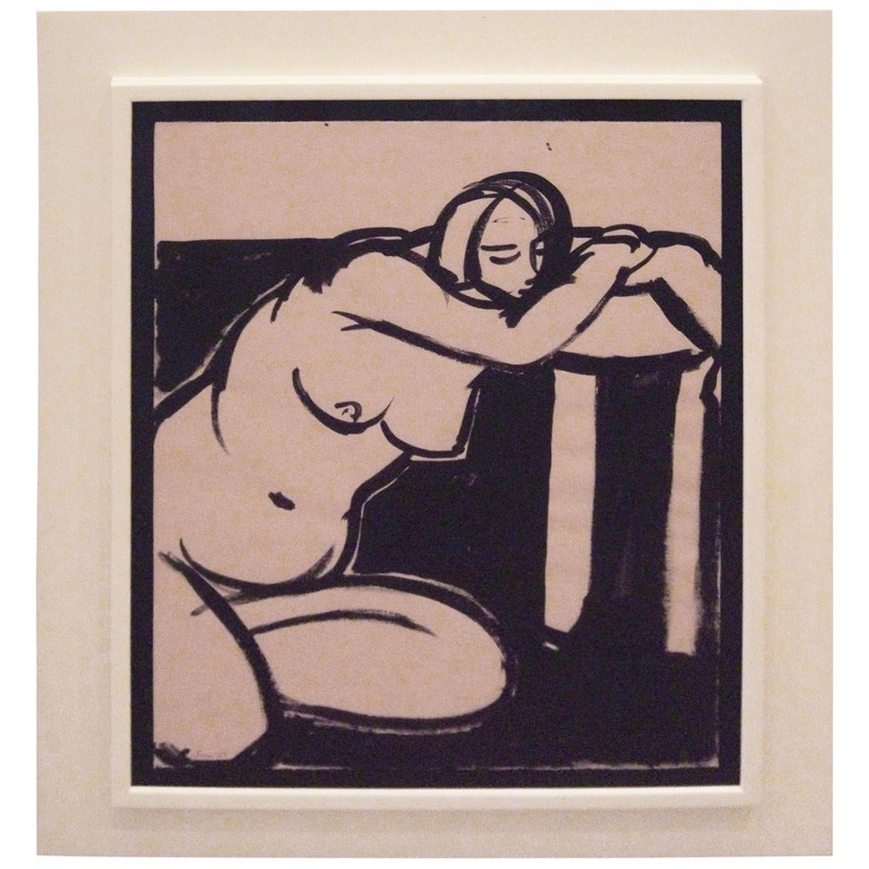 India Ink Nude Painting in White Wood Frame (Signed Loew, 1959) For Sale