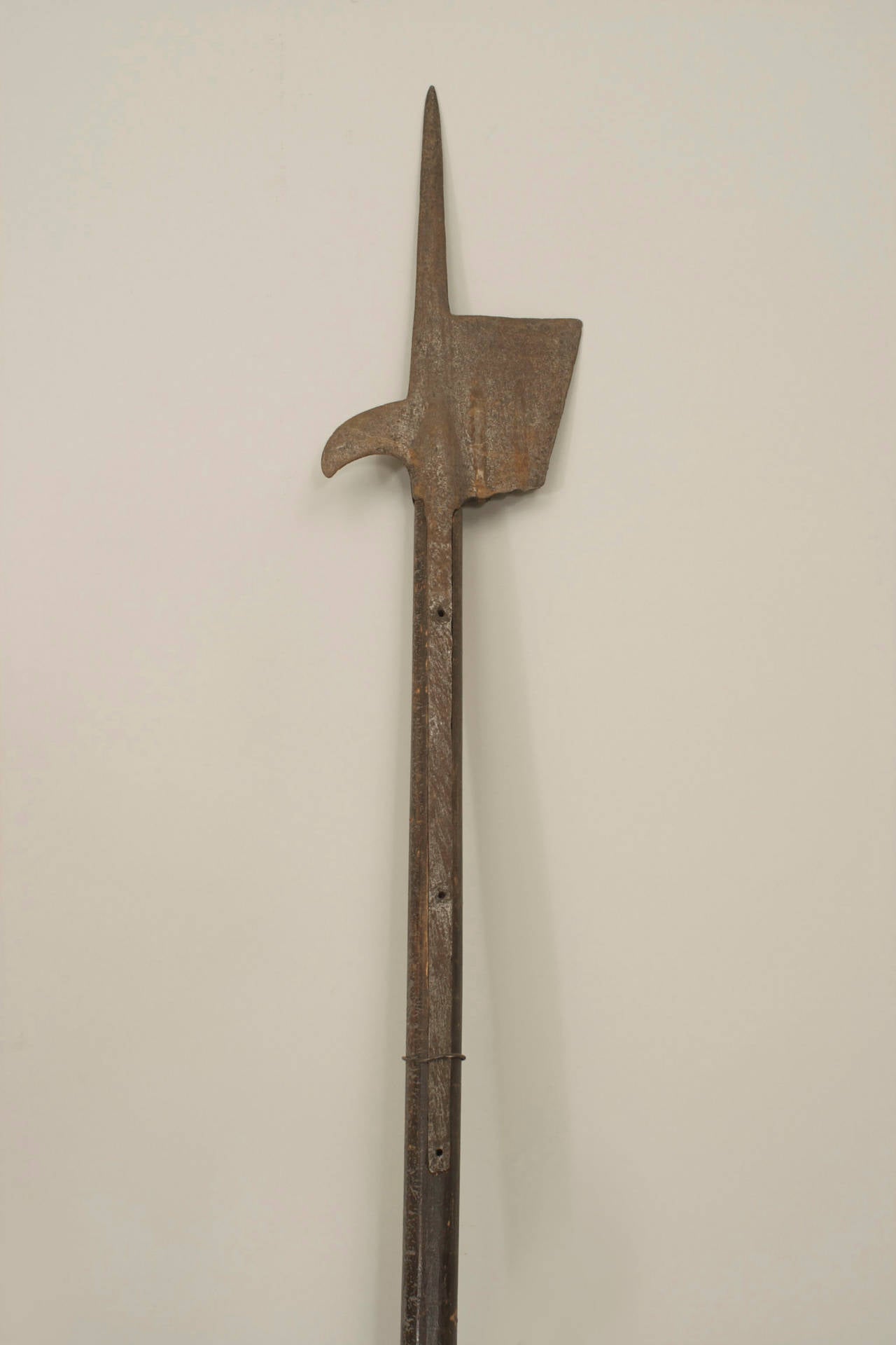 English Renaissance-style halberd spear with wood shaft and 33 ¬Ω inch iron ax blade.
