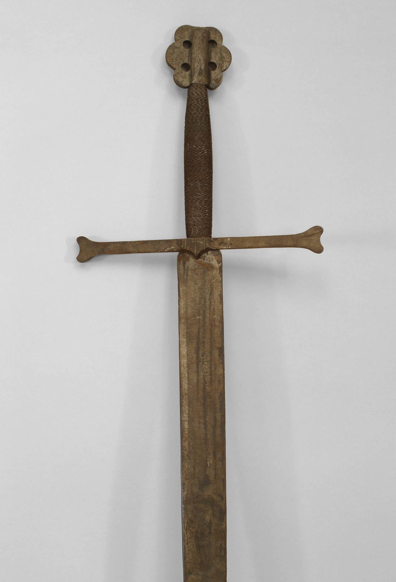 English Renaissance-style large iron longsword with cross design and woven handle
