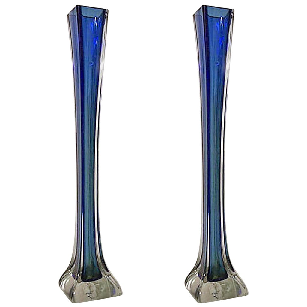 Pair of American Art Deco Tall Blue Glass Vases