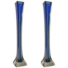 Vintage Pair of American Art Deco Tall Blue Glass Vases