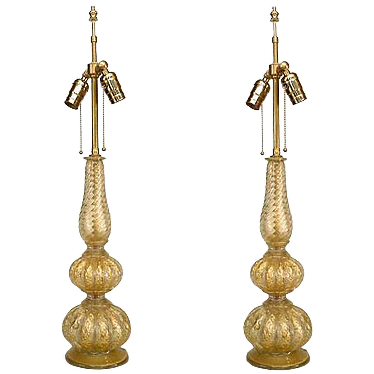 Pair of 1940's Italian Gold Dusted Murano Glass Table Lamps For Sale at 1stdibs