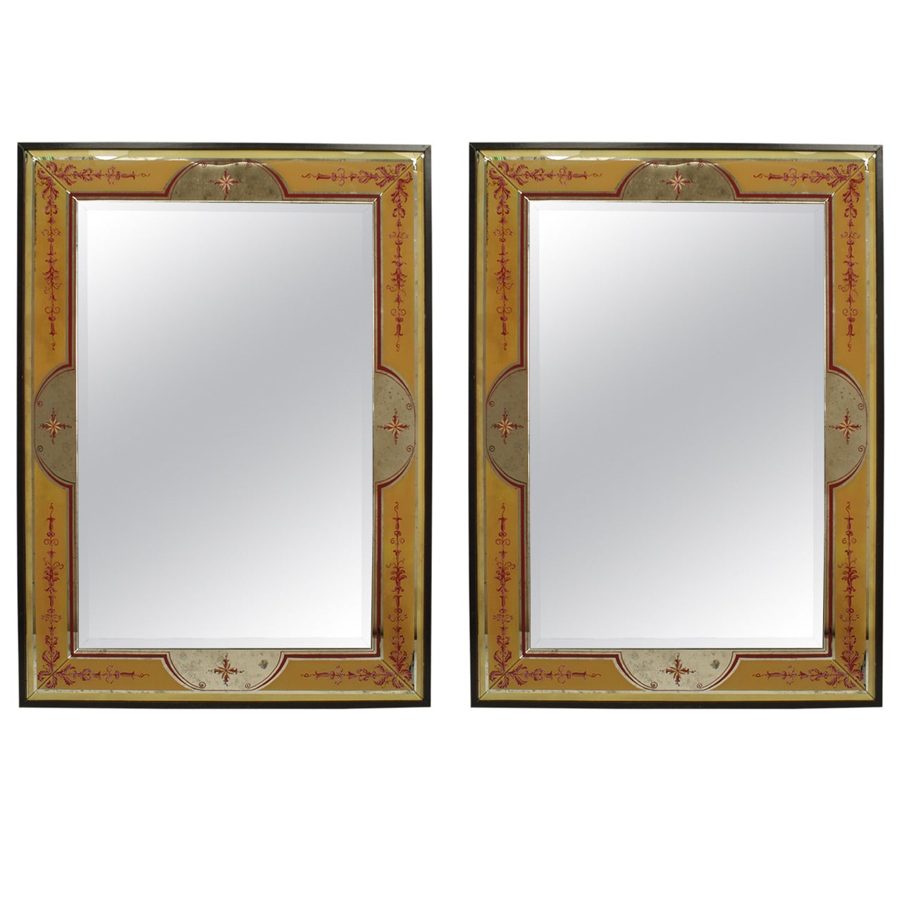 2 Italian Mid-Century Beige Floral and Scroll Eglomise Wall Mirrors For Sale