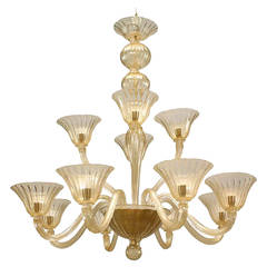 Italian Gold-Dusted Murano Glass Tiered Twelve Arm Chandelier