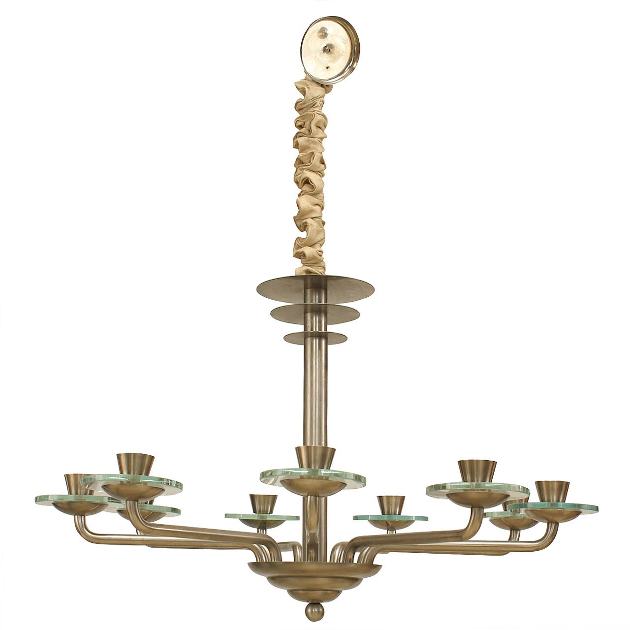 French Mid-Century Modernist Steel and Glass Chandelier For Sale