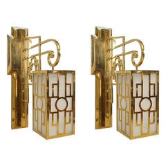 Pair of 1940s French Latticed Brass Sconces or Lanterns 9