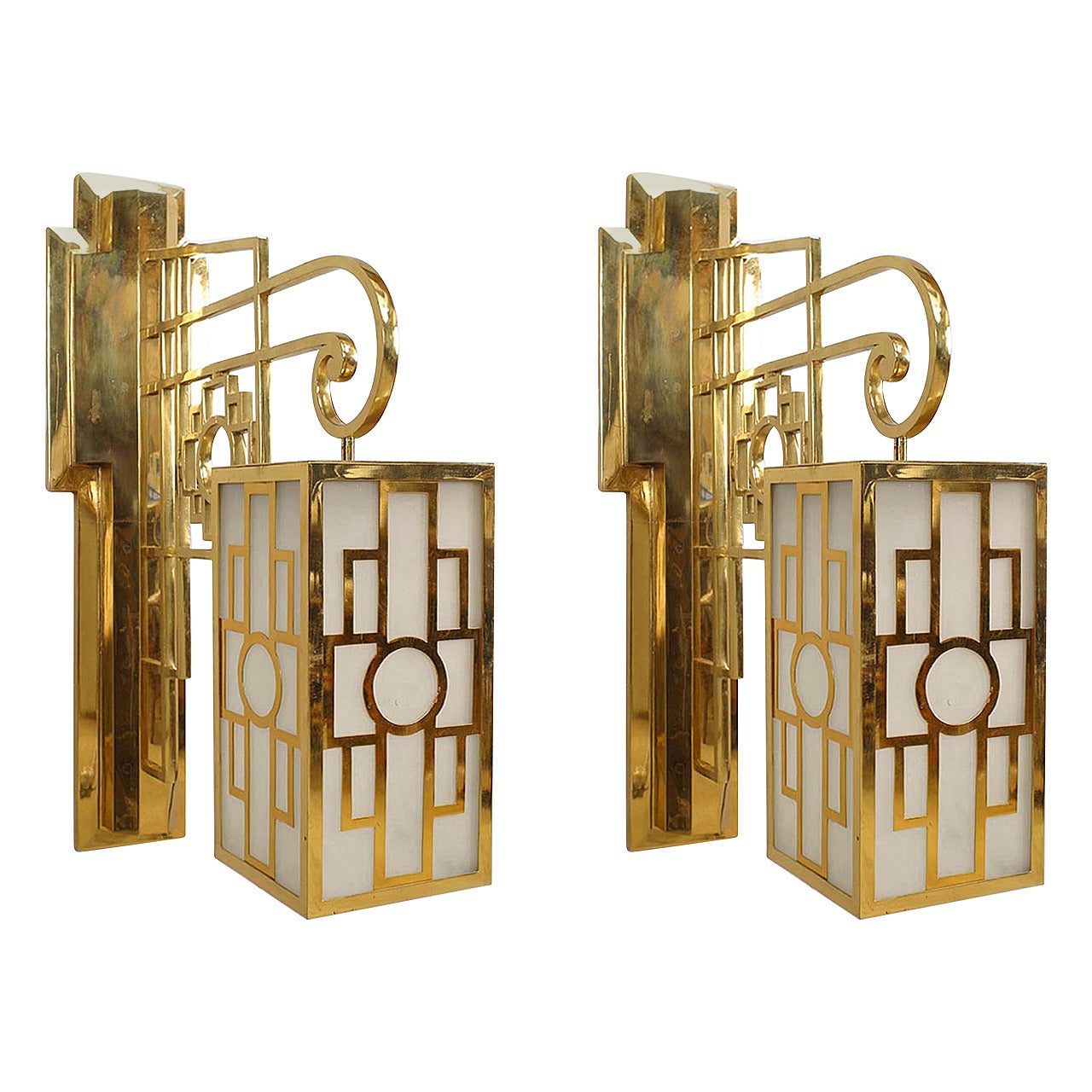 Pair of French Mid-Century Brass Chinese Lattice Lantern Sconces
