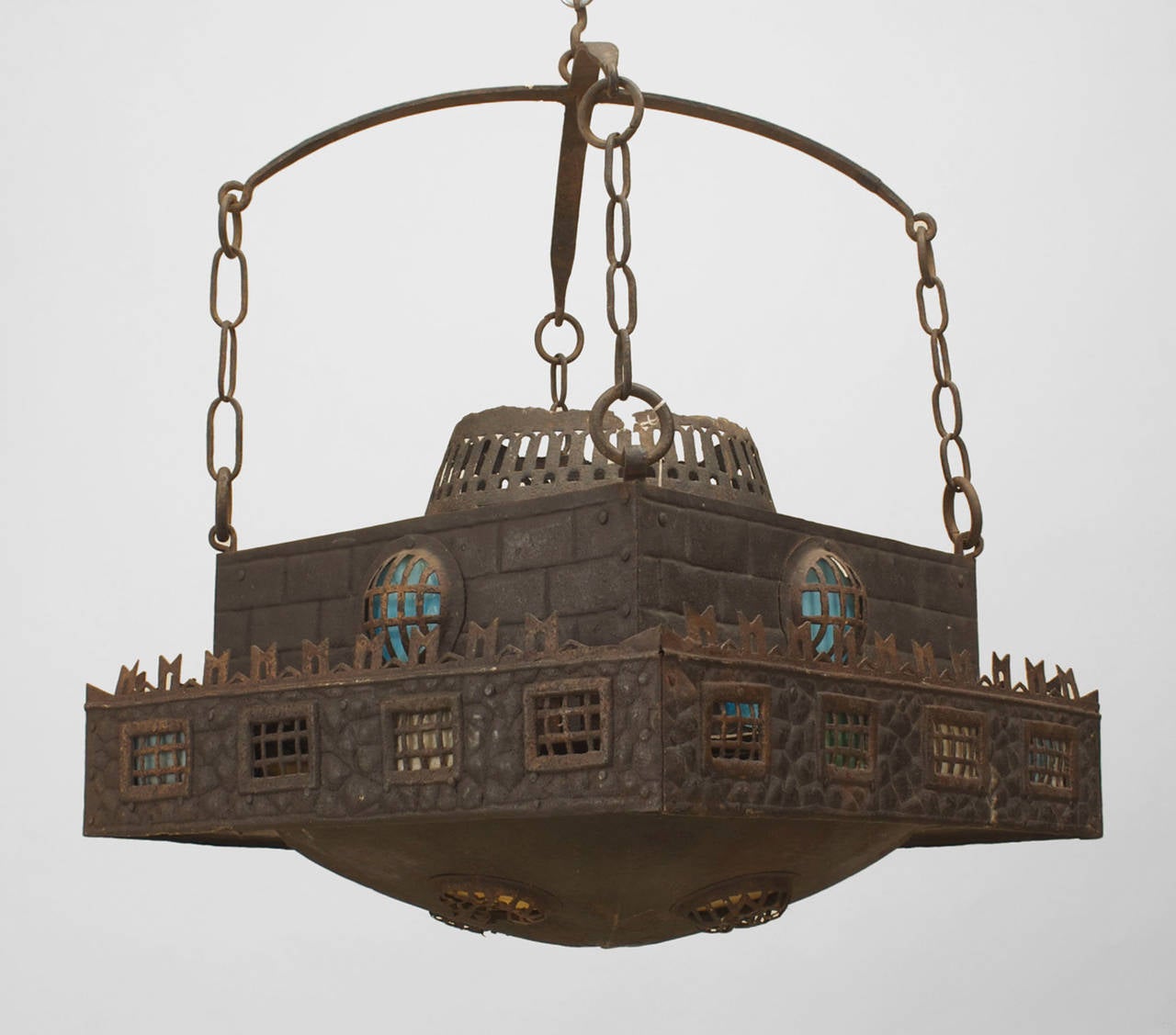 Early 20th Century German Wrought Iron And Stained Glass Early 20th Century Continental German Wrought Iron Square Chandelier With Filigree Designs And Stained Glass Panels
