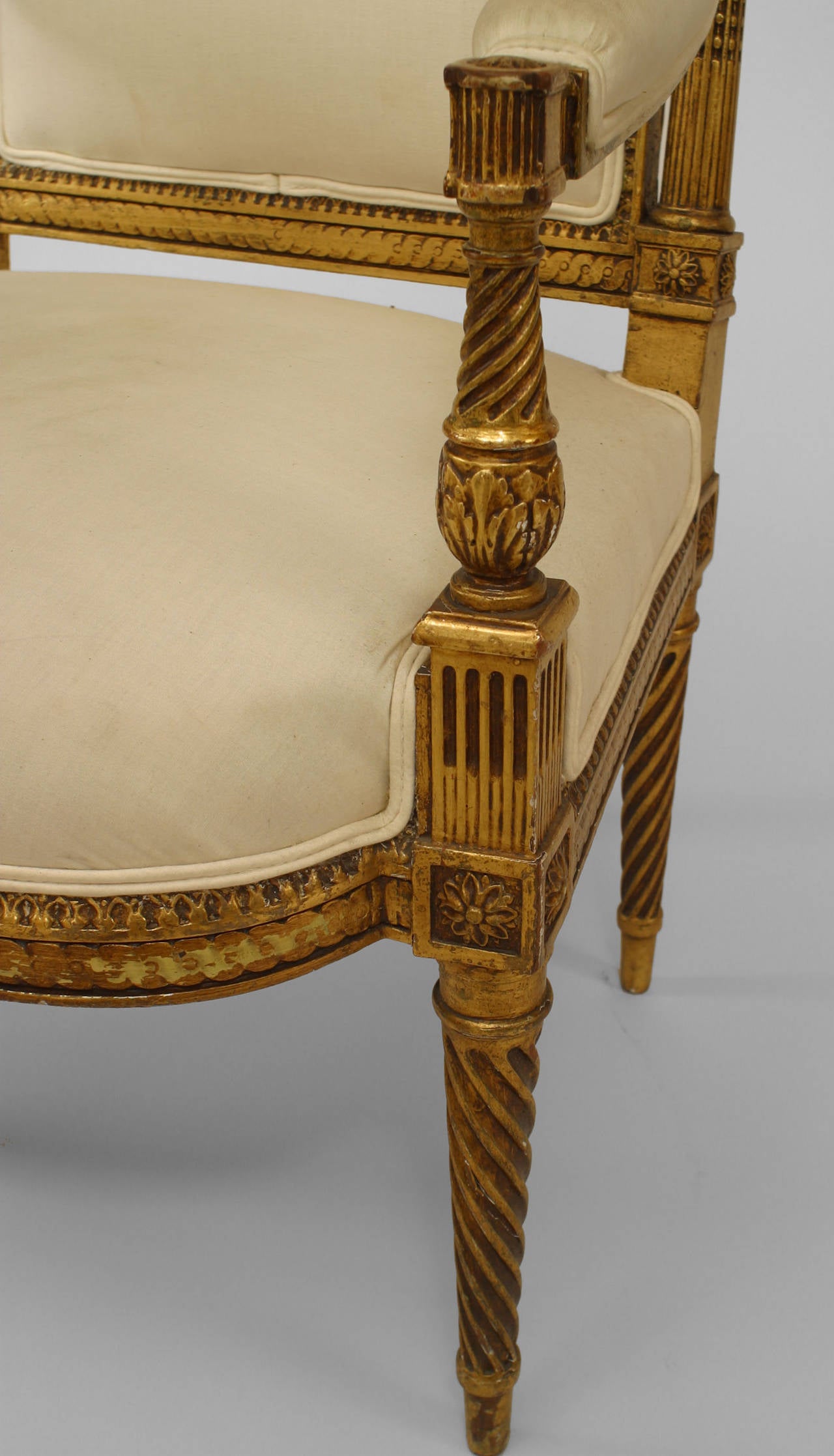 Upholstery Pair of 19th Century French Louis XVI Gilt Carved Armchairs