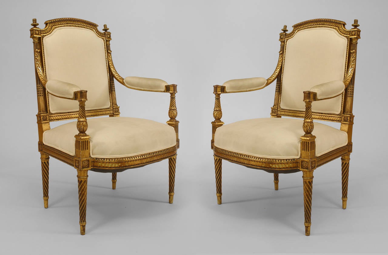 Pair of 19th Century French Louis XVI Gilt Carved Armchairs 2