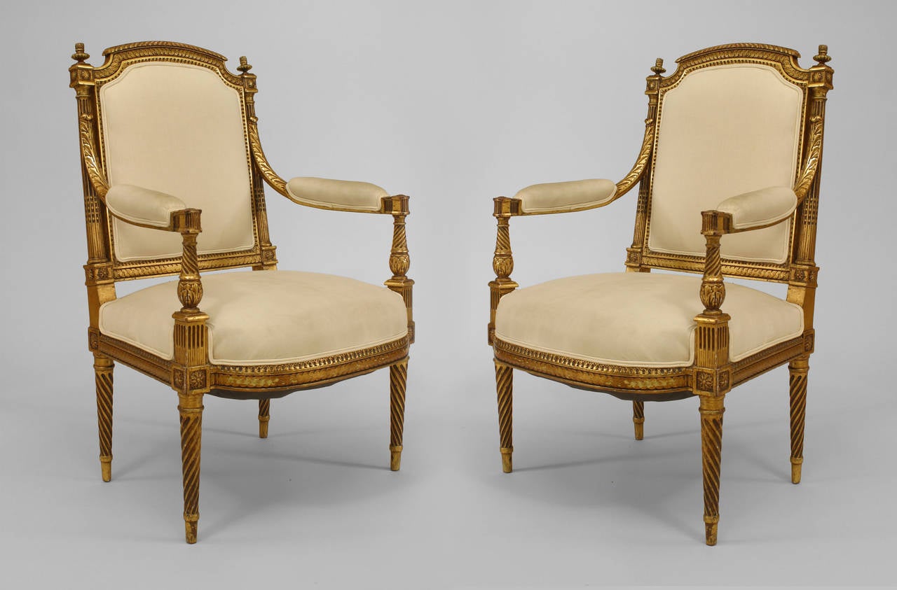 Pair of 19th Century French Louis XVI Gilt Carved Armchairs at 1stDibs