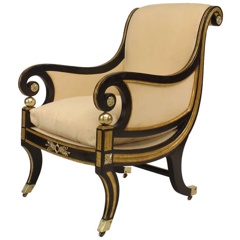 Early 19th c. English Regency Gilt and Brass Trimmed Club Chair For Sale at 1stdibs