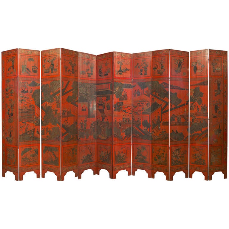 Large Chinese TwelvePanel Decorated Screen, Mid19th Century For Sale