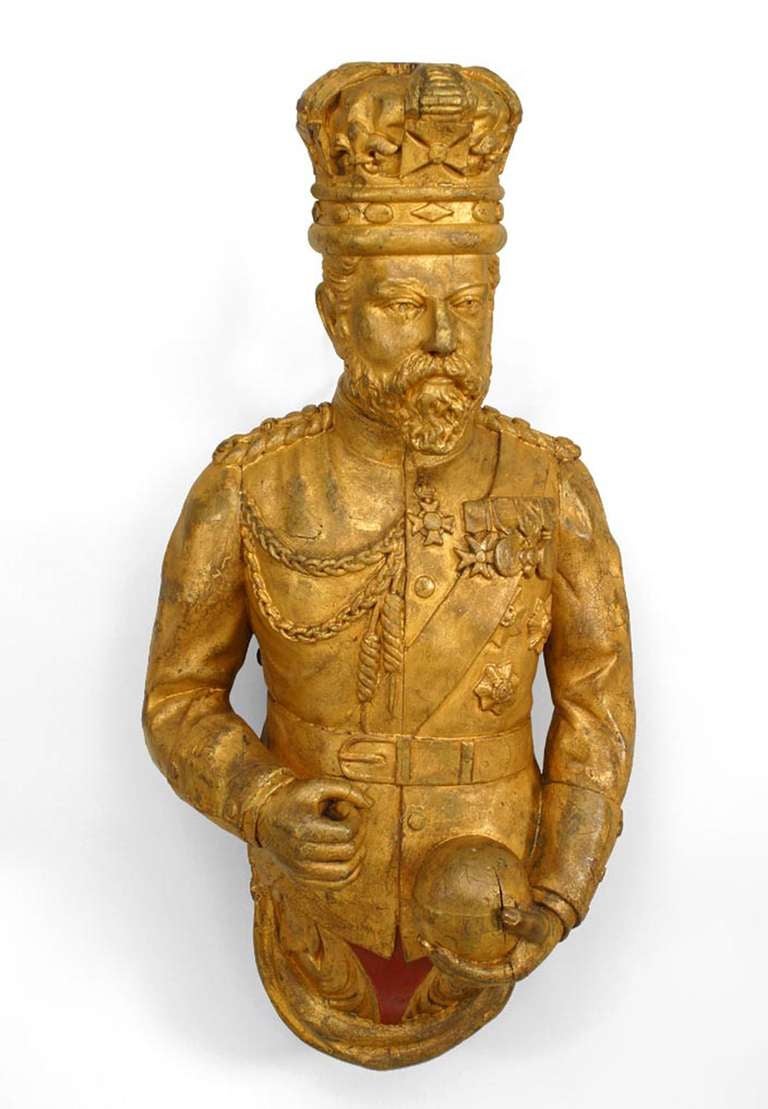 English Edwardian lifesize gilt carved figurehead of Edward VII wearing a crown and holding a globe (early 20th cent.)
