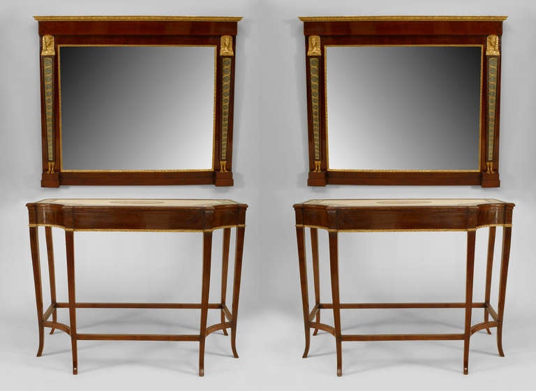 Gold Leaf Pair of 19th Century Neoclassical Mahogany Consoles with Marble Mosaic Tops