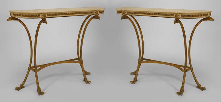 Pair of 20th c. French Louis XVI Style Marble and Bronze Dore Consoles