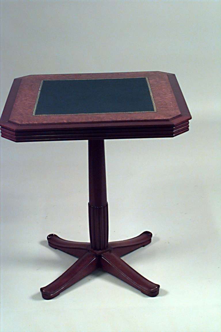 French Art Deco square mahogany and amboyna pedestal base flip top game table with felt side and an inlaid chess / checkerboard side (att: Selmercheim)
