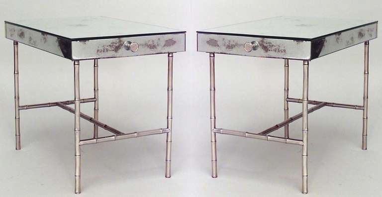Pair of French Mid-Century (1940s) mirrored low end tables with drawer and brass faux bamboo legs and stretcher. (PRICED AS Pair)
