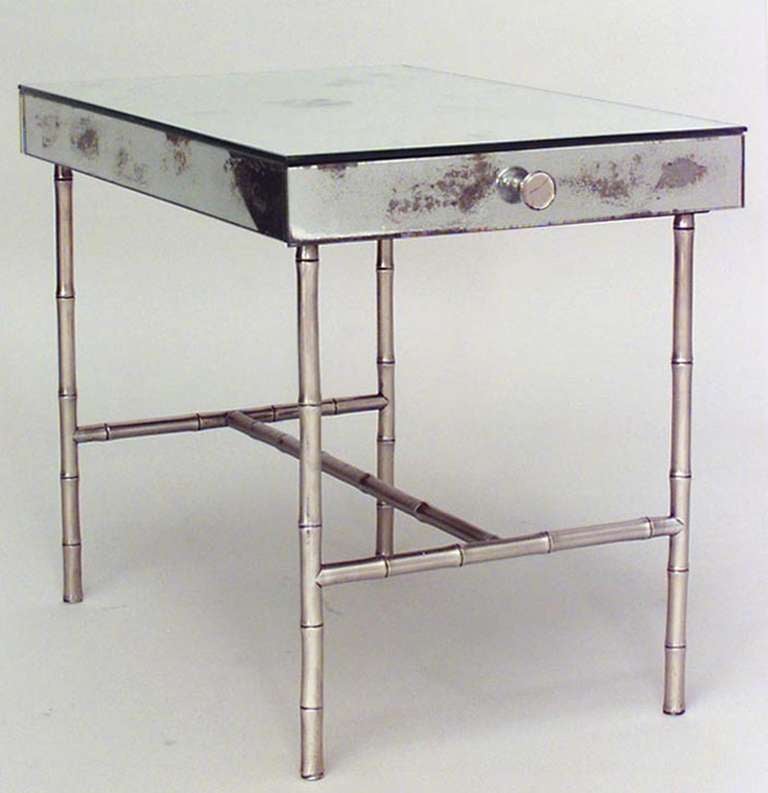 Art Deco Pair of French Mid-Century Mirrored Low End Tables For Sale