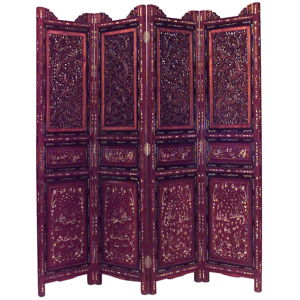 19th Century Chinese Carved and Inlaid Mahogany Folding Screen