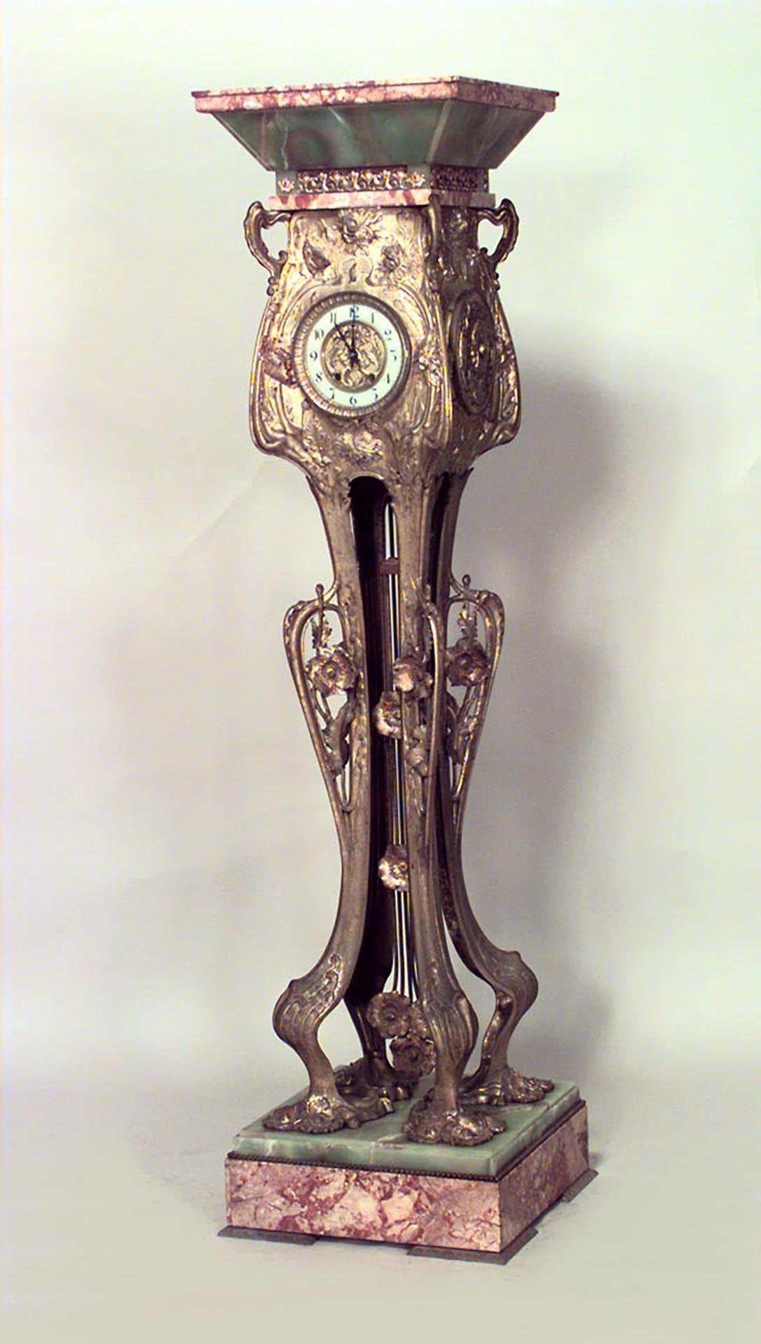 French Art Nouveau bronze dore grandfather clock with marble & onyx pedestal top and base. *Not working
