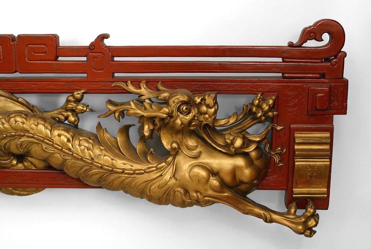 Asian Chinese (19th Century) red and gold lacquered cornice (valence) with dragon carving.
